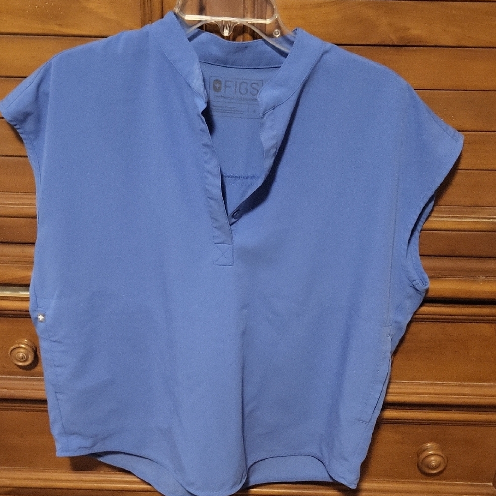 Figs Blue Boxy Blouse with Mandarin Collar